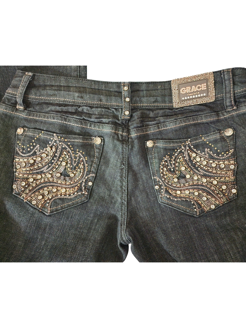 GRACE IN LA Bling Rhinestone Low-Rise Embellished Skinny Jeans Dark Wash 7/27